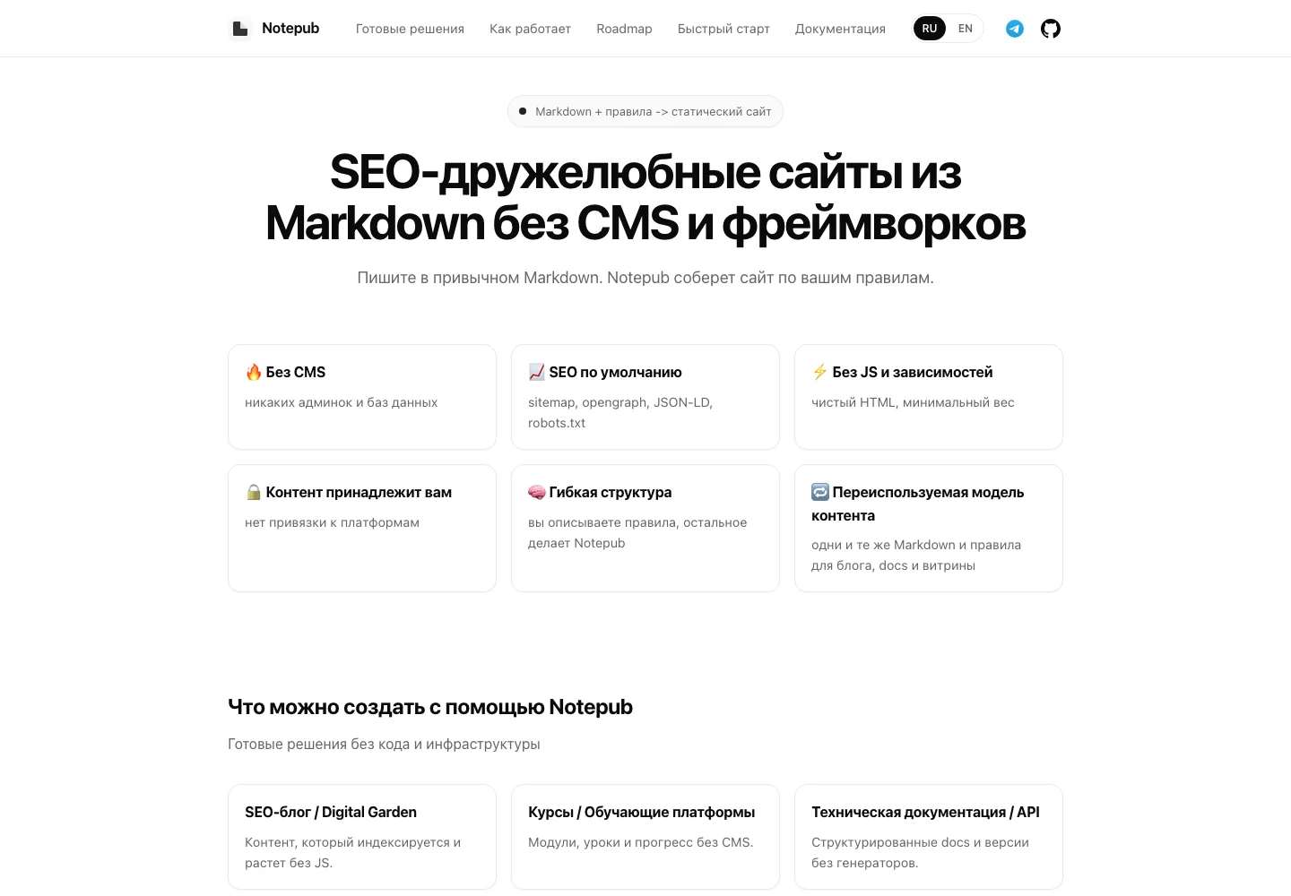 Экран проекта «Notepub — движок, который превращает папку с текстами в сайт»